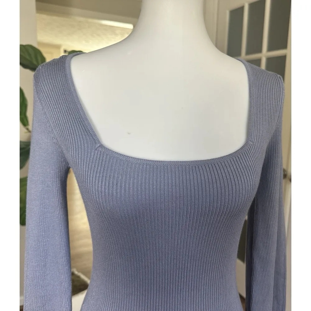 Lulus Blue Ribbed Knit Sweater Dress Small Long Sleeve Back Tie Bodycon Mini - Image 3
