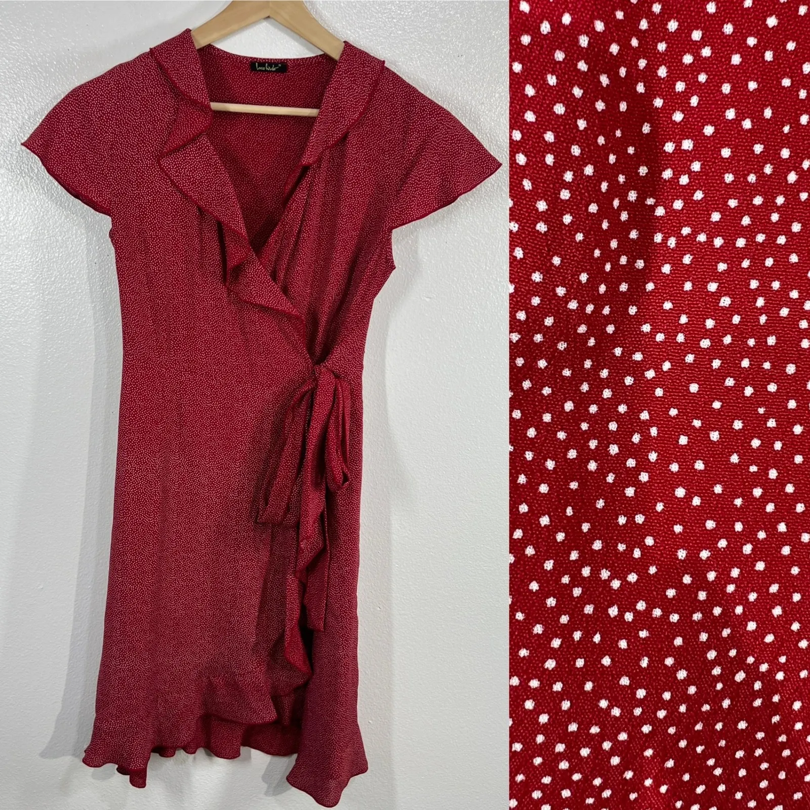 Loco Lindo Red Polka Dot Wrap Dress‎ Small Ruffle Hem Cap Sleeve Retro Chic 90s - Image 4