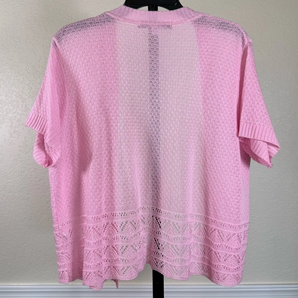 Vintage Barbie Pastel Pink Cardigan Elle Woods Crochet Knit Y2K Cottagecore Size XL - Image 6