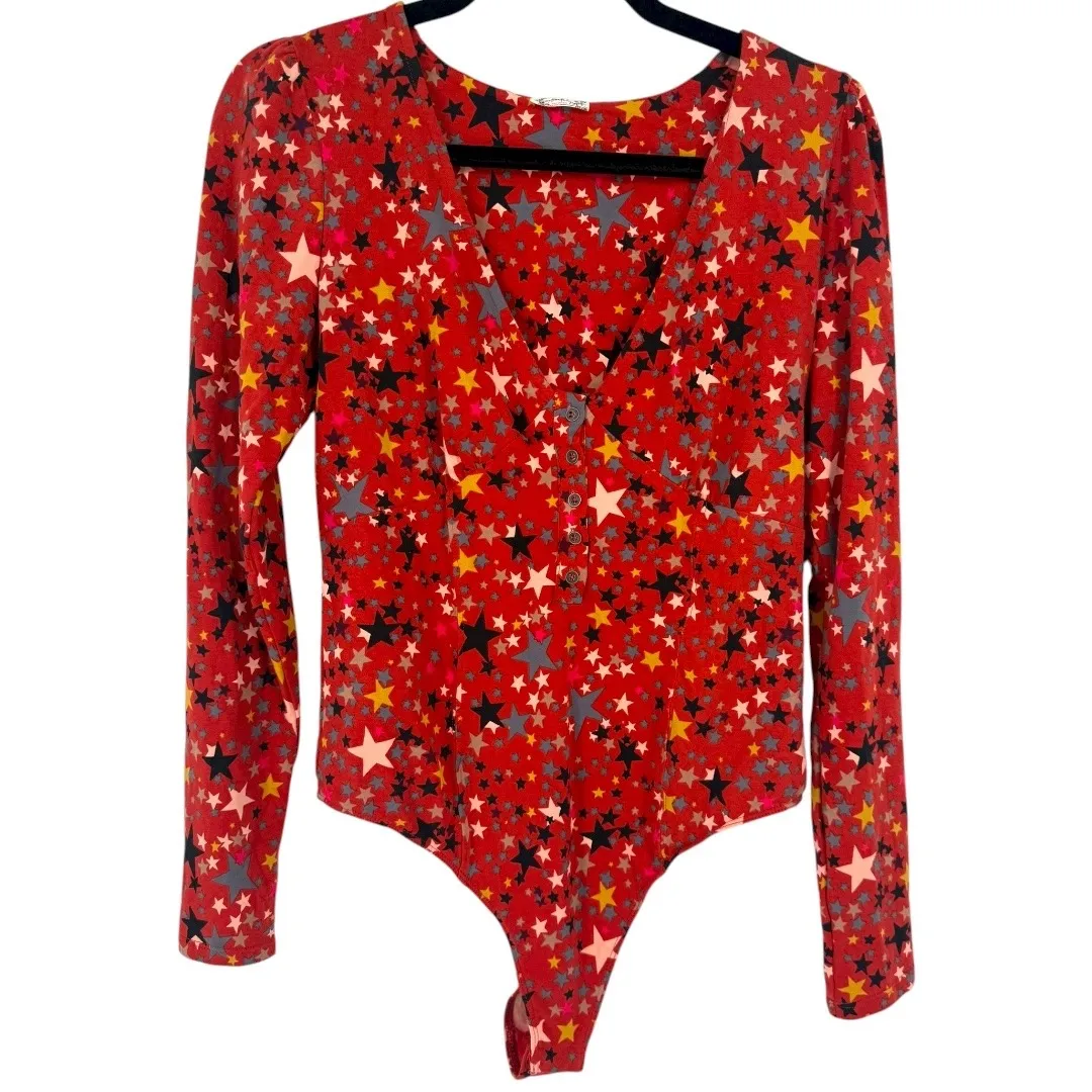 NWT Free‎ People Girls Like Us Red Star Print Long Sleeve Bodysuit Size Large - Image 5
