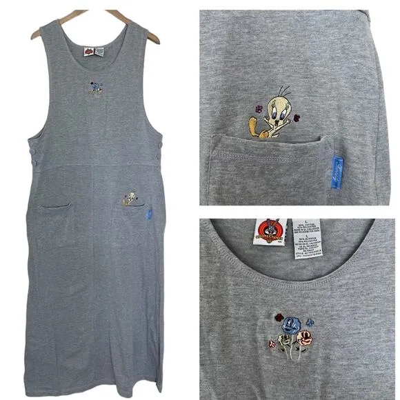 90s Warner Bros. Looney Tunes Embroidered Tweety Cotton Maxi Dress Women’s Large - Image 2