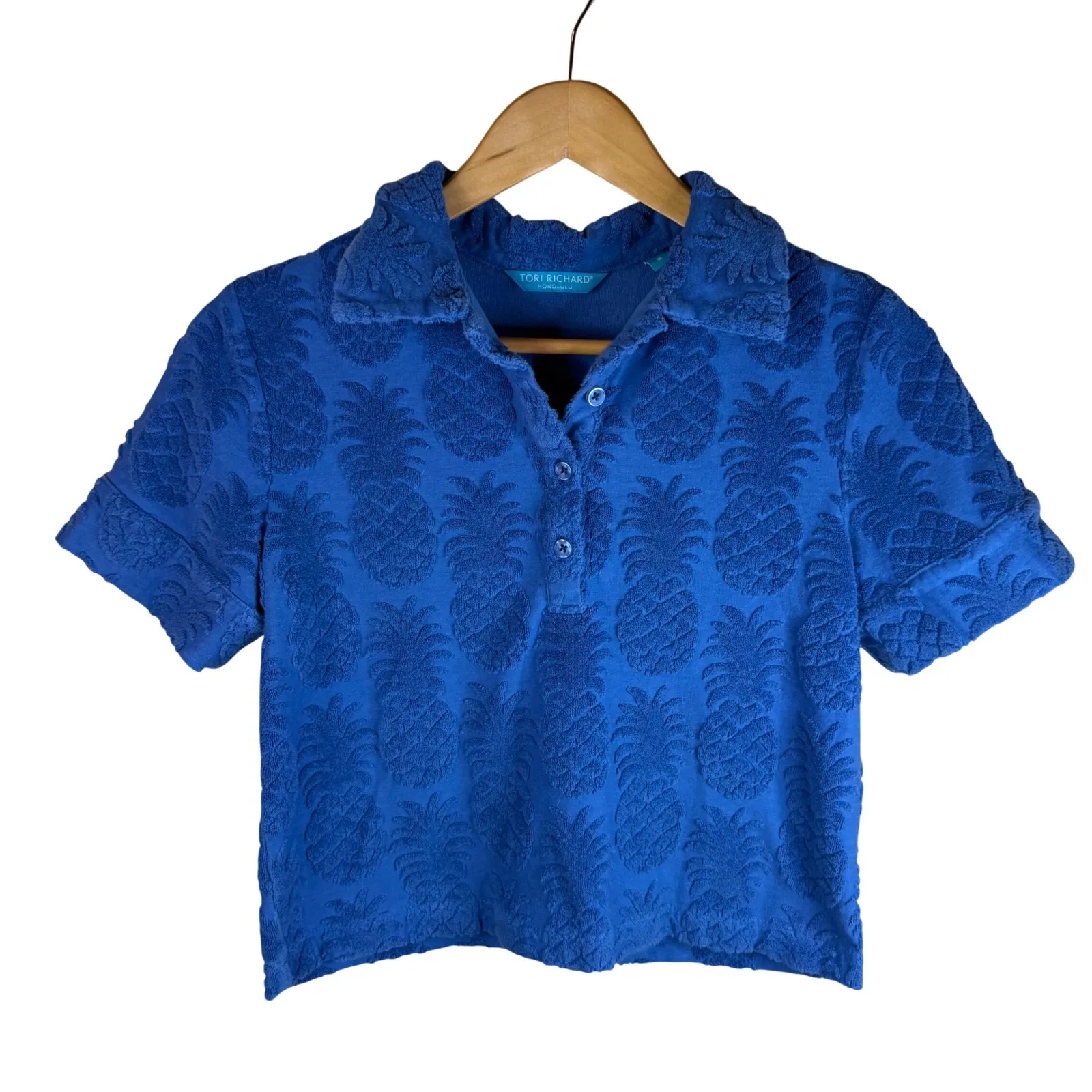Tori Richard Pineapple Bungalow Charlene Blue Textured Polo Shirt Women's Size S - Image 2