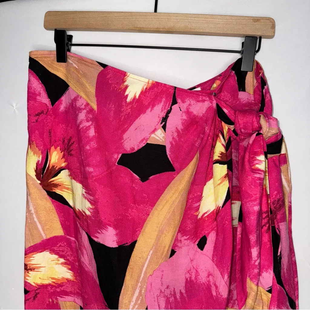 Floral Linen Wrap Skirt Pink‎ Black & Beige Tropical Hawaiian - Image 3