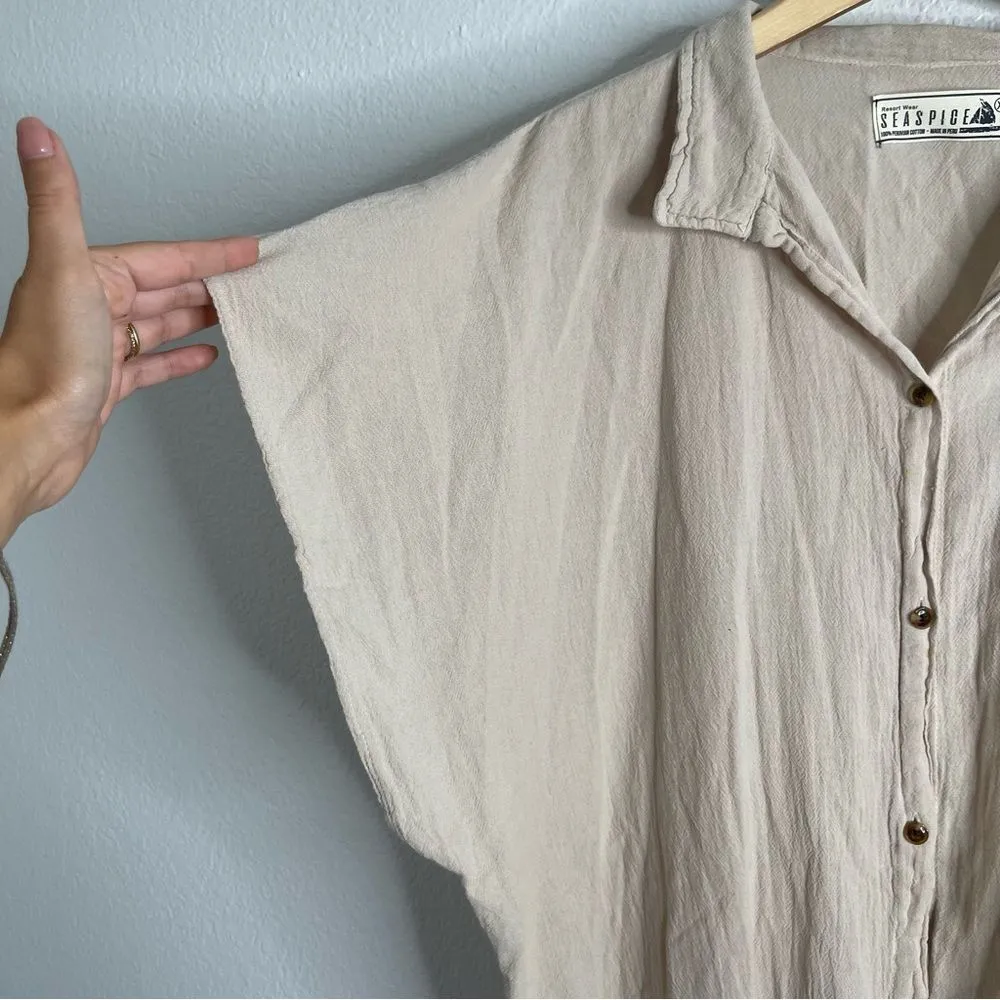 Seaspice Cover Up Neutral Button Front Peruvian Cotton Dress Extra Large Tan Size XL - Image 5