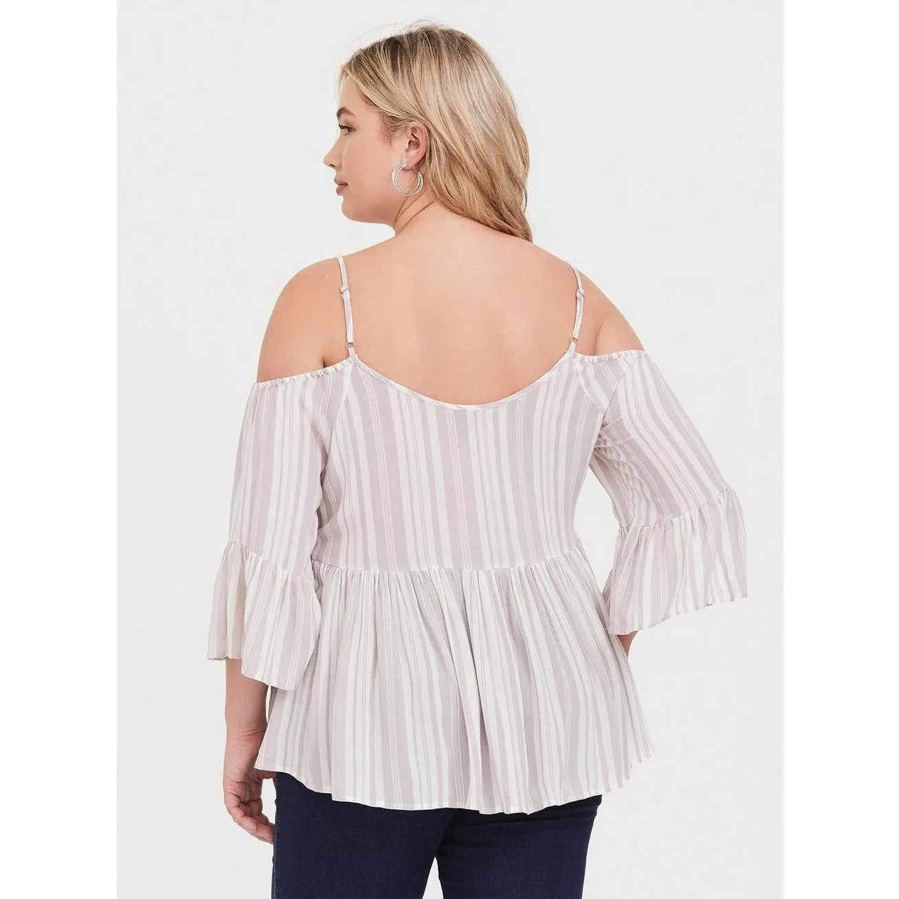 Torrid Womens Blouse Size 1‎ 1X 14 16 Rayon Babydoll Crepe Cold Shoulder Striped - Image 4