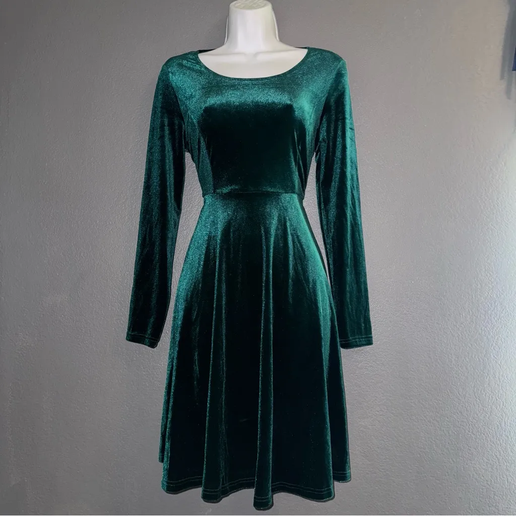 Green Long Sleeve Velvet Velveteen Holiday Christmas Dress Womens Small - Image 5