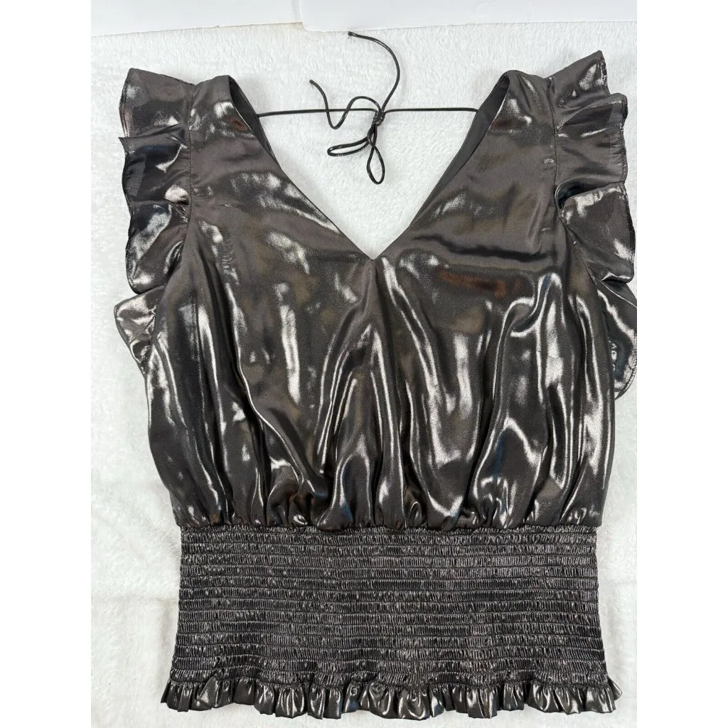 Nine West Women's‎ Sleeveless Ruffle Smocked Hem Top Blouse Size L Bronze Tied - Image 4