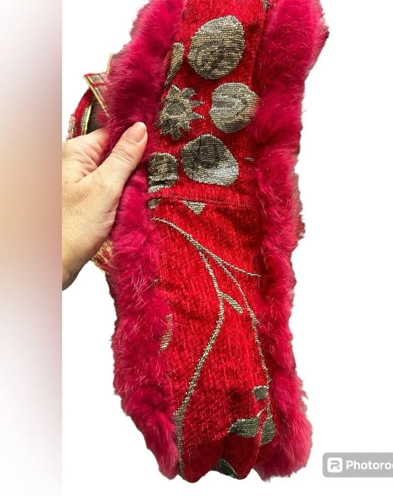 Red Tapestry Faux Fur & Lace
Handbag Purse with embellishments - Image 4