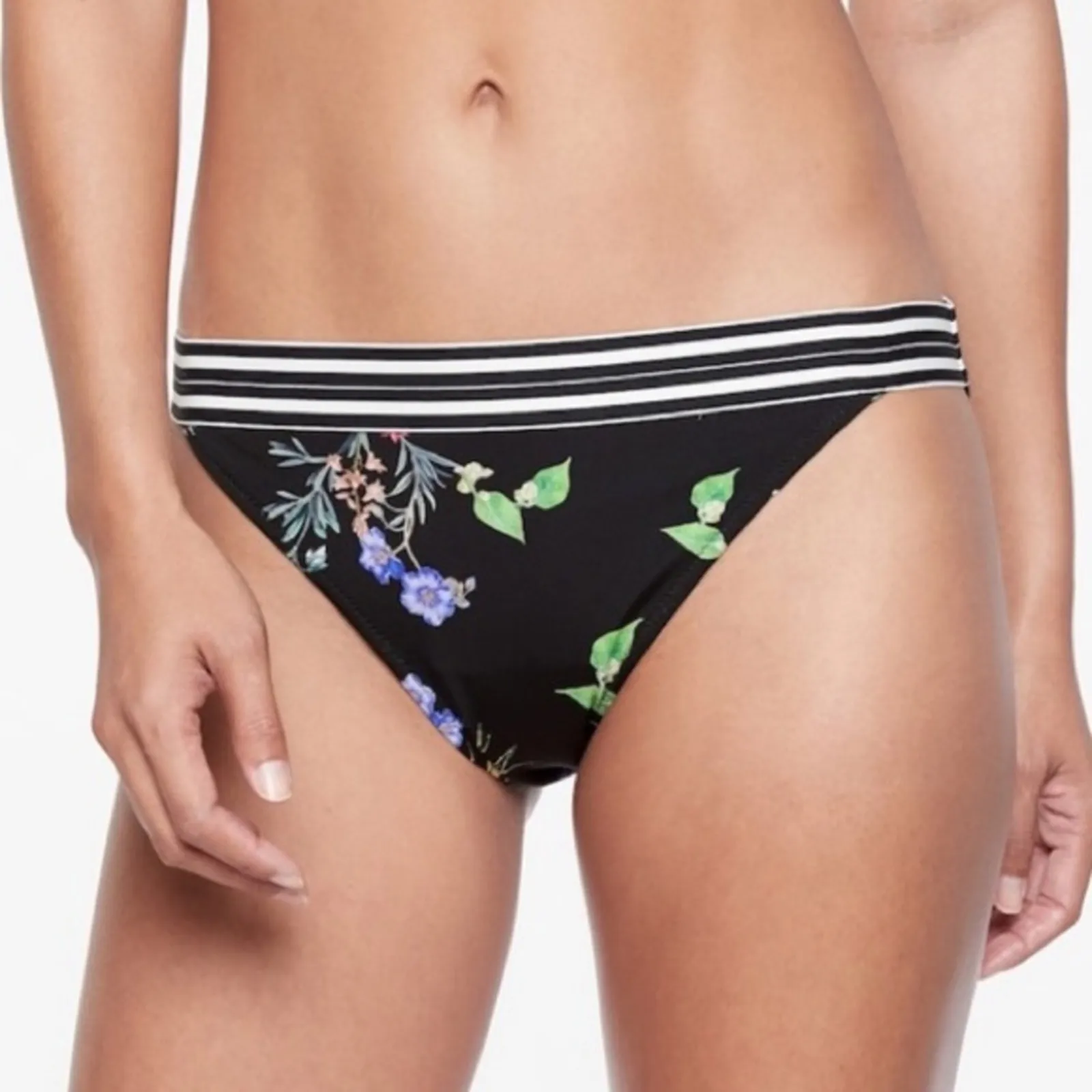 Athleta Gold Coast Low Rise Floral Banded Striped Bikini Bottoms Medium Black - Image 2