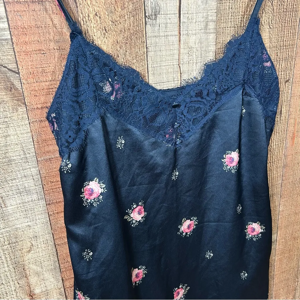 Abercrombie & Fitch Navy Floral Lace Slip Dress Satin Look Mini Coquette Small - Image 2