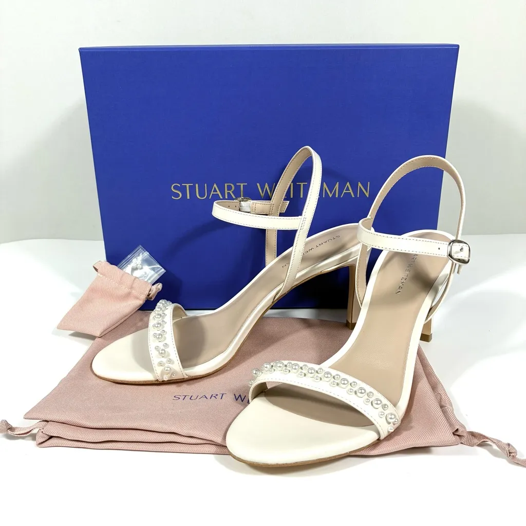 Stuart Weitzman Dancer 75 Demipearl Heel Sandals Chalk Faux Pearl 9.5 NEW - Image 2