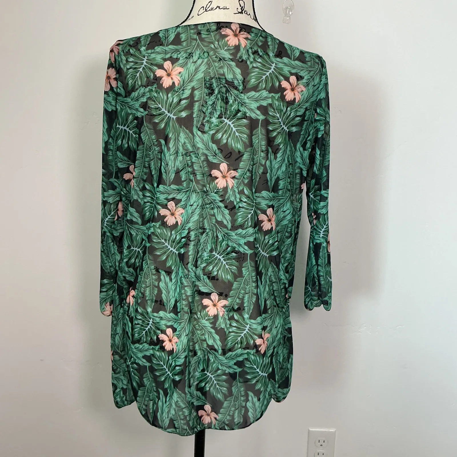 Tropical Floral Print Kimono Cover Up Green Peach Lightweight‎ Duster Size L - Image 2