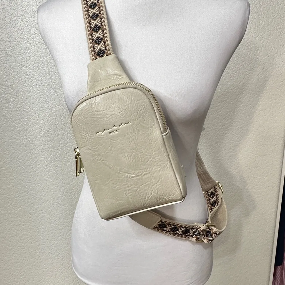 Crossbody Sling Bag with Dual Zipper in Blonde with Adjustable Guitar Strap - Image 2