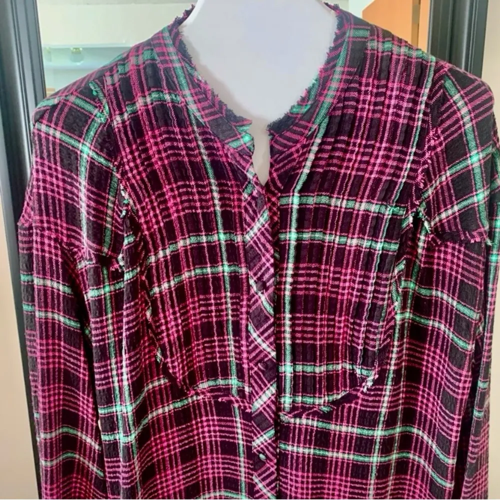 FREE PEOPLE Plaid Purple and Black Long Sleeve Shirt - Image 2