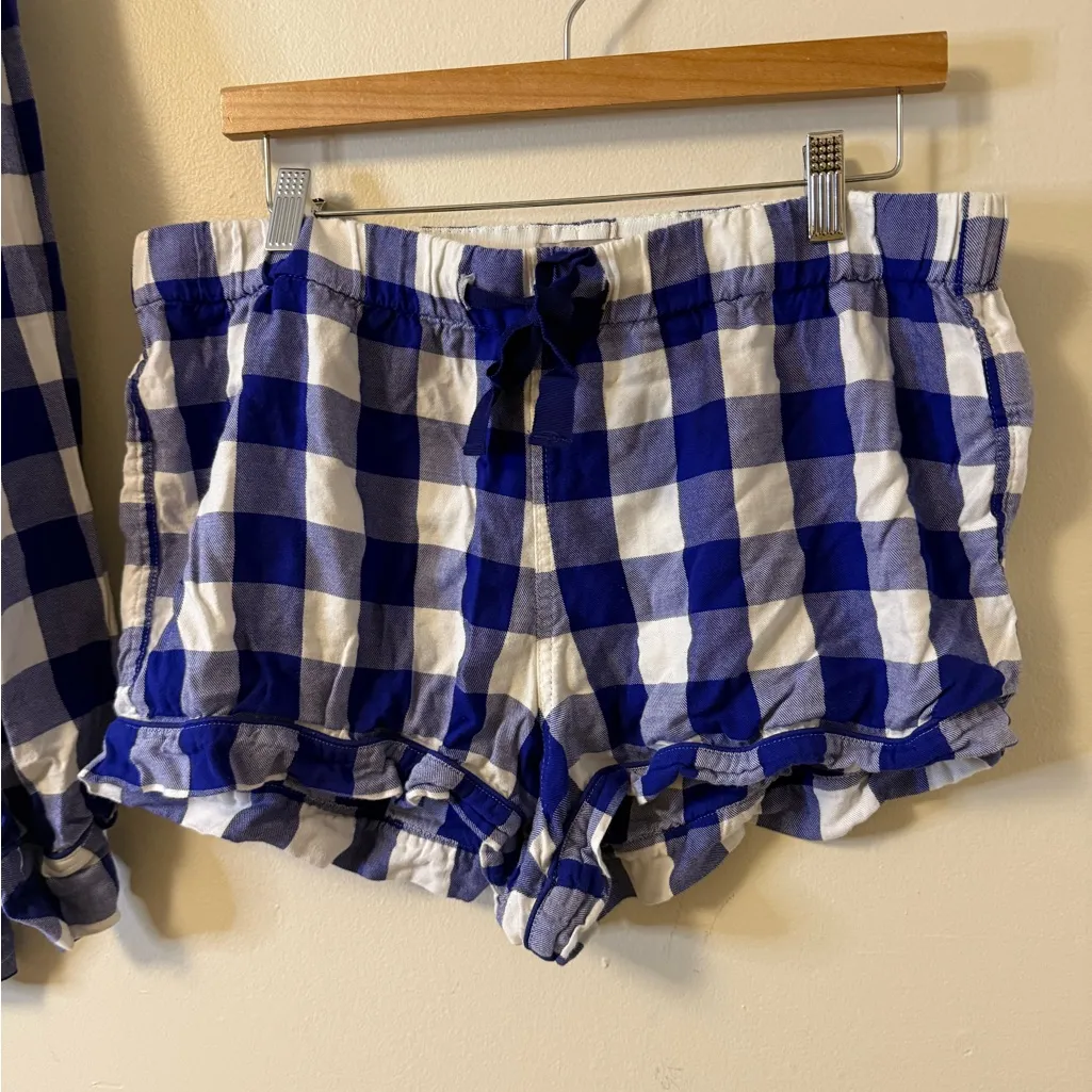 J. Crew long sleeve flannel PJ short set buffalo check blue white women’s med - Image 7