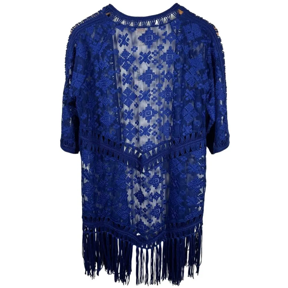 Chico's Kimono Women S Blue NWT Crochet Fringe Semi Sheer Open Front Cover Boho - Image 2