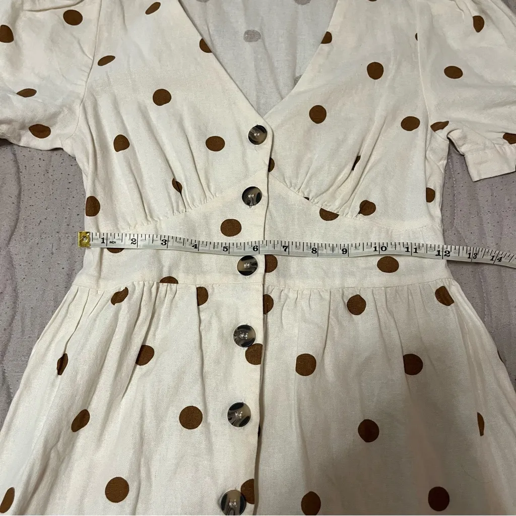MINE Cream and Brown Polka Dot Linen Mini Puff Sleeve Dress - Image 5