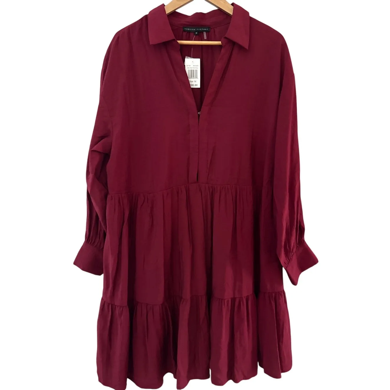 English Factory Plus Collar Detail Tiered Mini Dress Burgundy Size 1X - Image 3