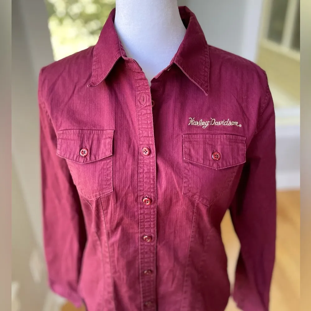 Harley Davidson Burgundy Stretch Cotton Fitted Button Down Shirt Size Medium Red - Image 5