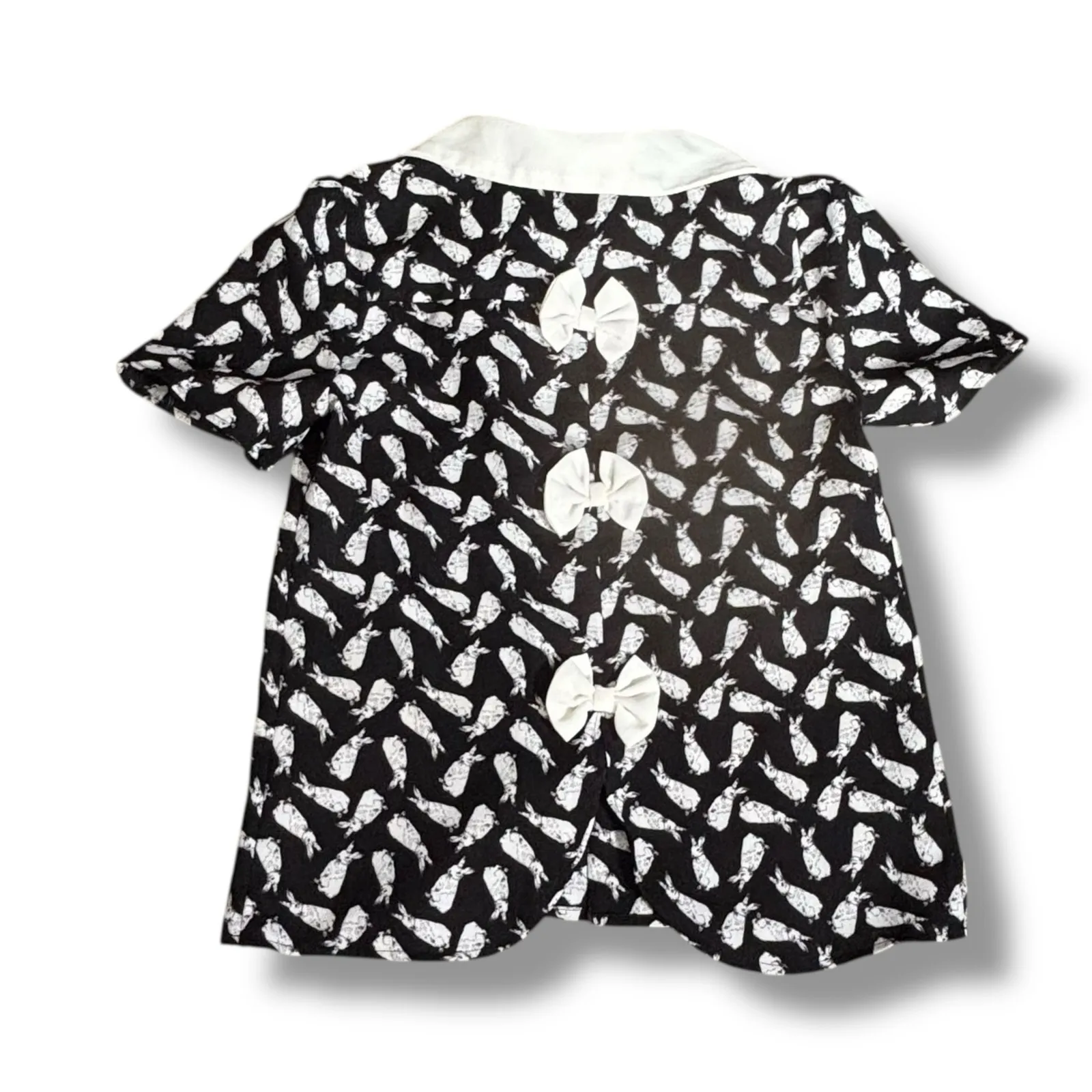 Moon Top Rabbit Print Blouse Black White Exaggerated Peter Pan Collar Bow Tie - Image 2