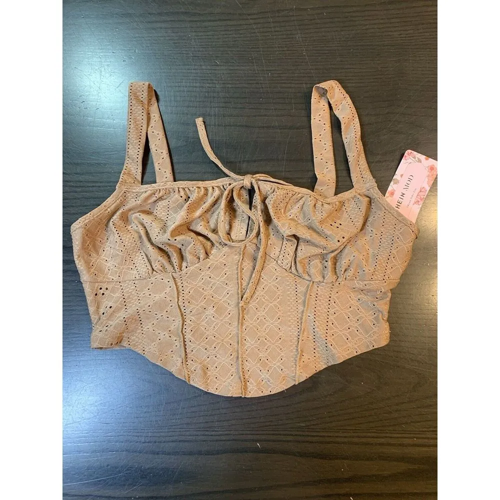 Coquette Babydoll Retro Eyelet Crop Top Large Brown Sexy Keyhole Tie Fun‎ Shein - Image 5