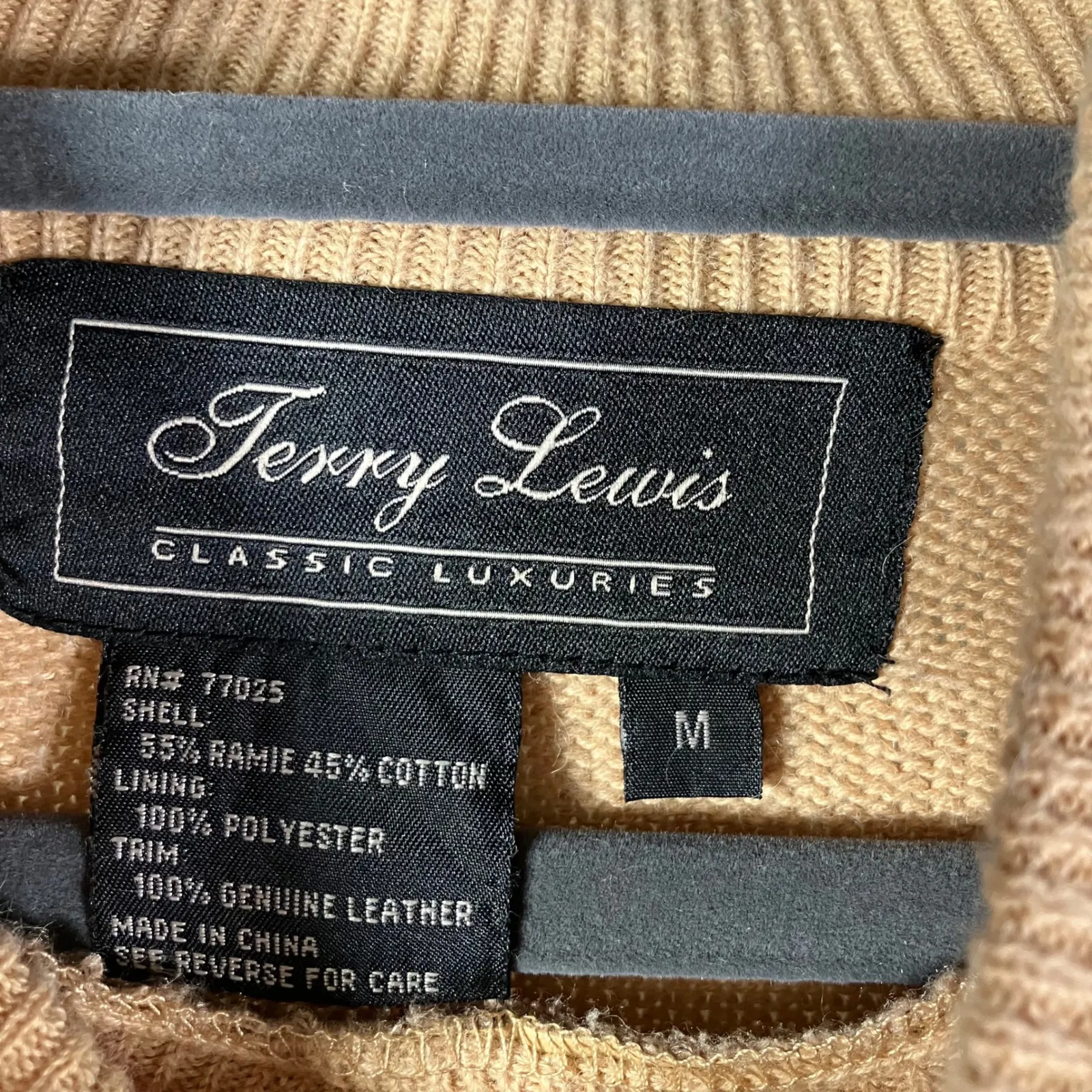 Vintage Terry Lewis Classic Luxuries Leather Front Knit Sweater Top Beige Medium Tan - Image 8