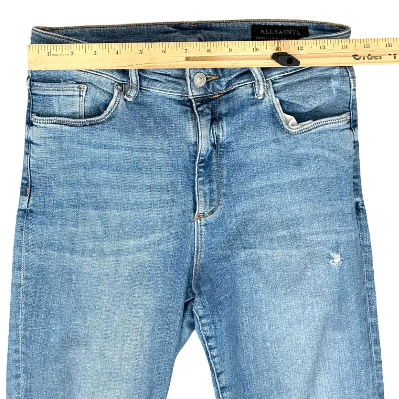 AllSaints Blue Phoenix Distressed Raw Hem Light Wash Skinny Ankle Jeans size 30 - Image 5