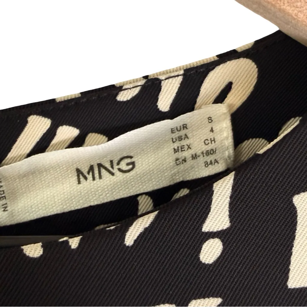 Mango Ruched Long Sleeve Letter Print Abstract Midi Dress Black White US 4 NWT - Image 9