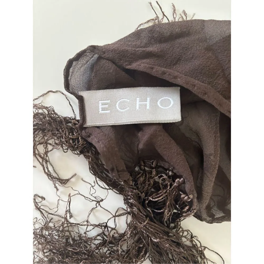 ECHO Brown Sheer Silk Tassled Scarf Brown - Image 2
