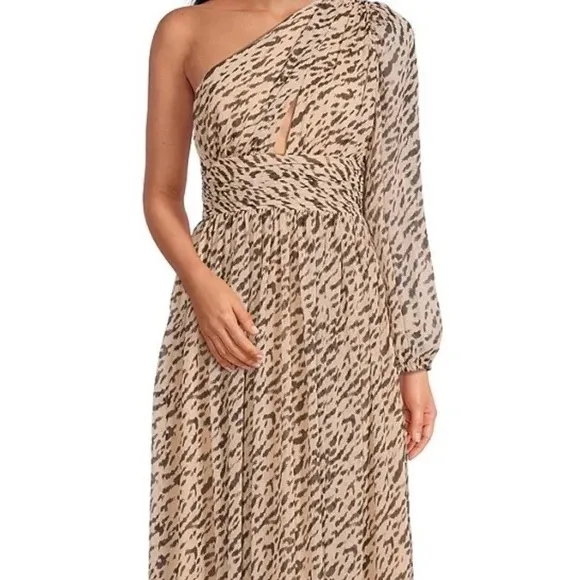 GIANNI BINI Leopard Print Maxi Dress One Shoulder Long Sleeve Party Size 0 New‎ - Image 3