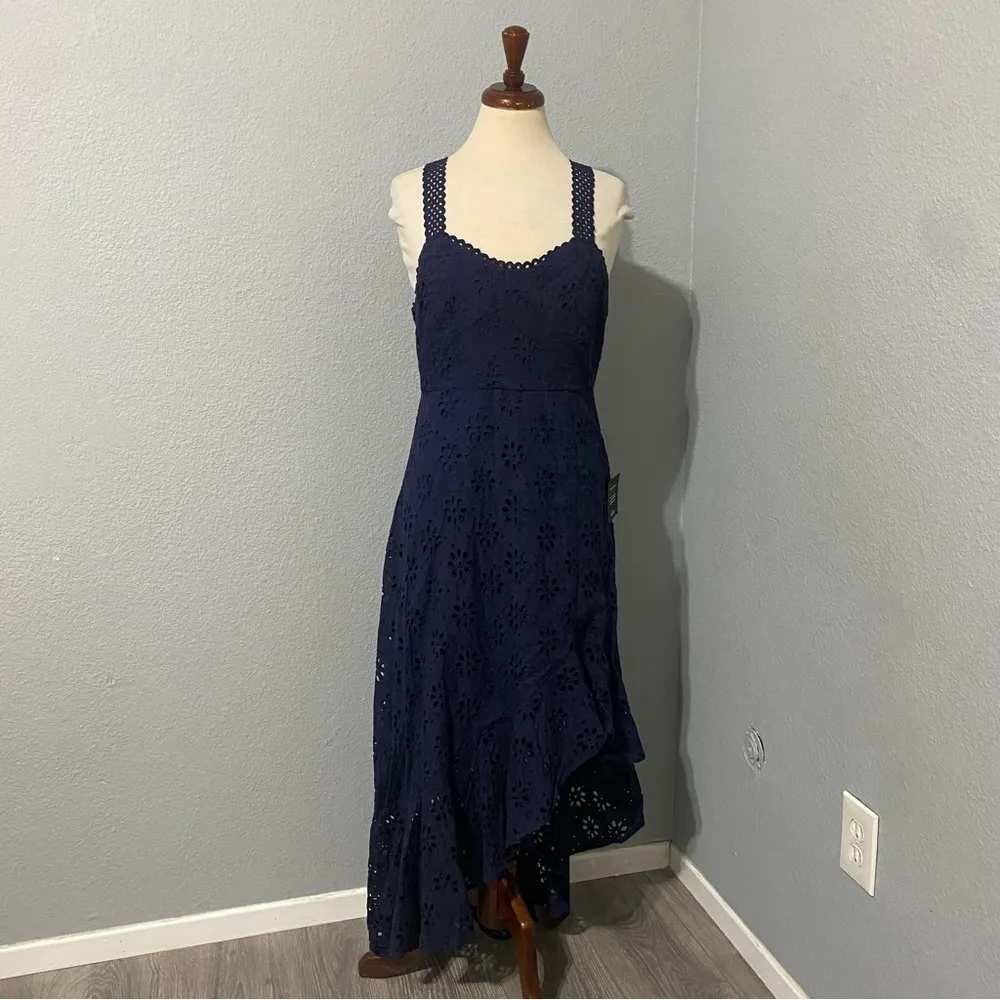 Lulus Navy Blue Holiday Sleeveless Trimmed Embroidered Asymmetric‎ Dress Sz M - Image 7
