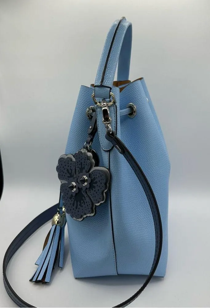 Henri Bendel Thompson Bucket Bag Periwinkle Blue Leather Shoulder Strap Charm - Image 5