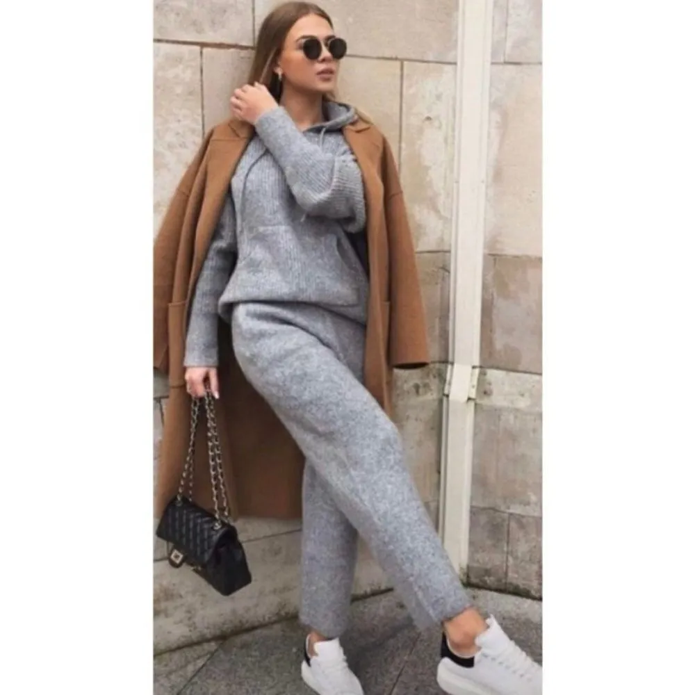 Zara Wide‎ Leg Ribbed Knit Thick Sweat Pants in Gray Winter Lounge Size Medium - Image 10