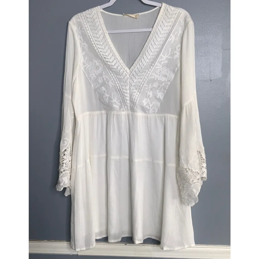 Altar'd State White Long Bell Sleeve Lace Lined V-Neck Boho Dress Medium - Image 2