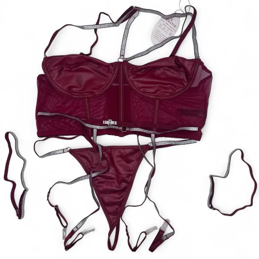 NEW red 4 Piece Lingerie Set Red Silver Metallic size Extra Large - Image 2