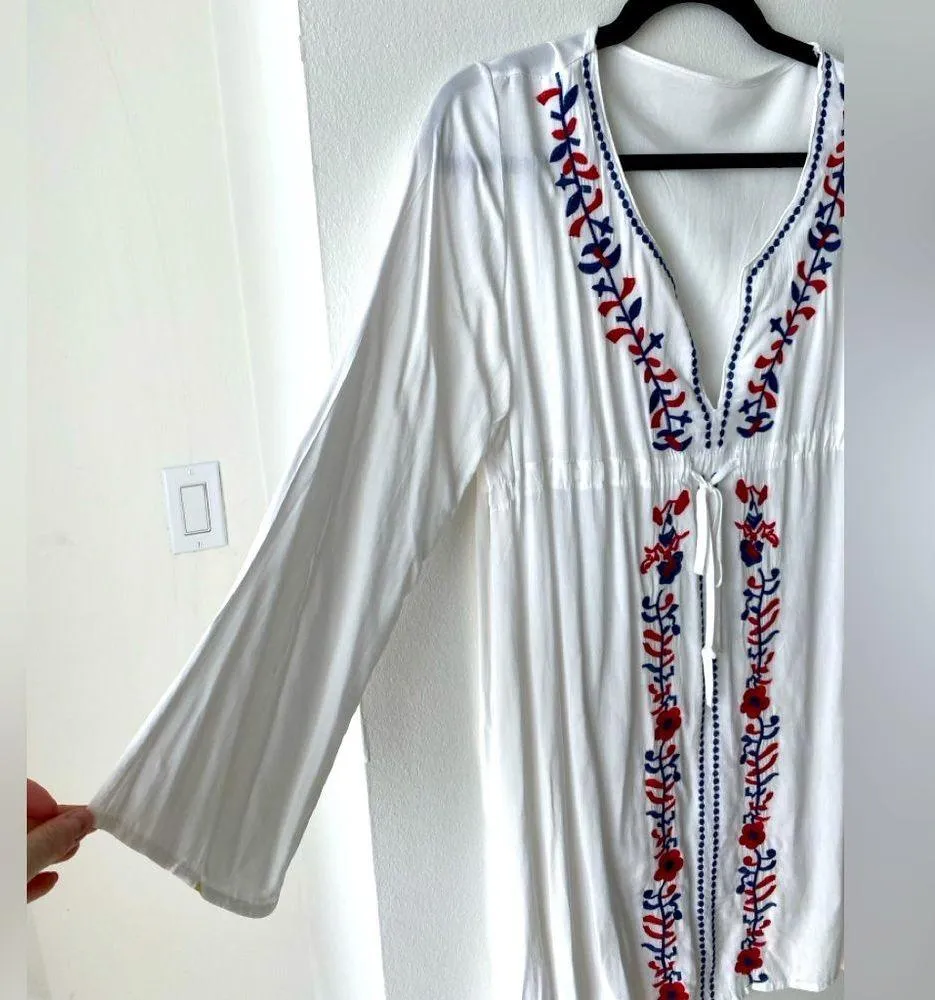 Boho Embroidered Tunic Dress OS/L Floral Plunge Neck Tunic Swim Coverup Kaftan White Size L - Image 11