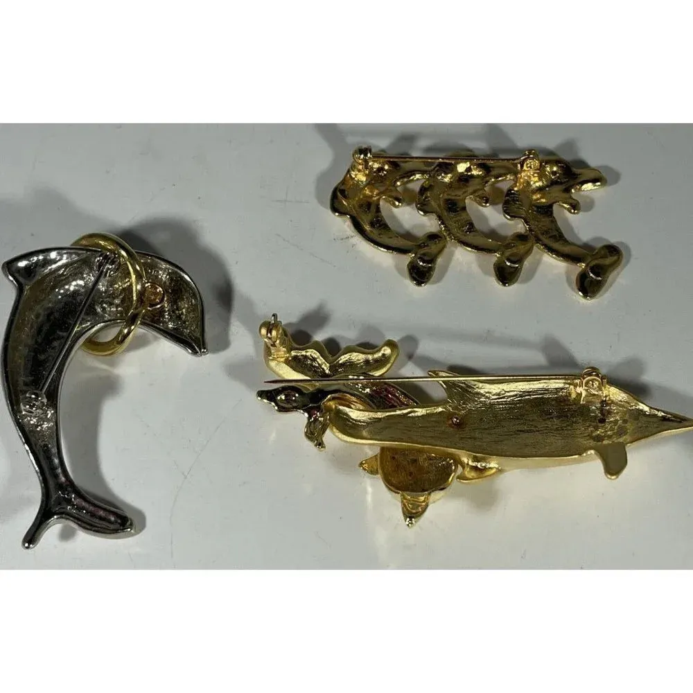 Lot Of 3 Silver Gold Tone Dolphin Fish‎ Brooch Pins READ - Image 2
