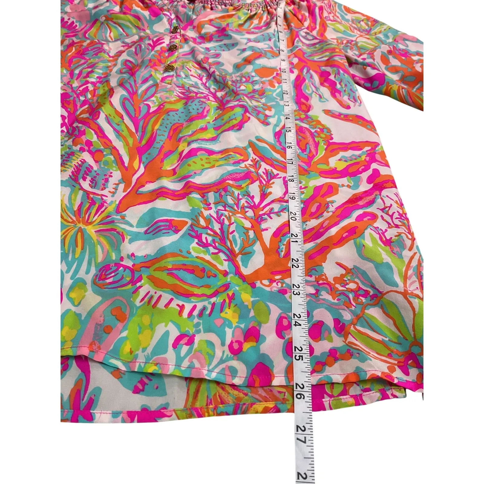 Lilly Pulitzer Silk Smocked V Neck Long Sleeve Tunic Top Coral Teal Pink Print M - Image 8