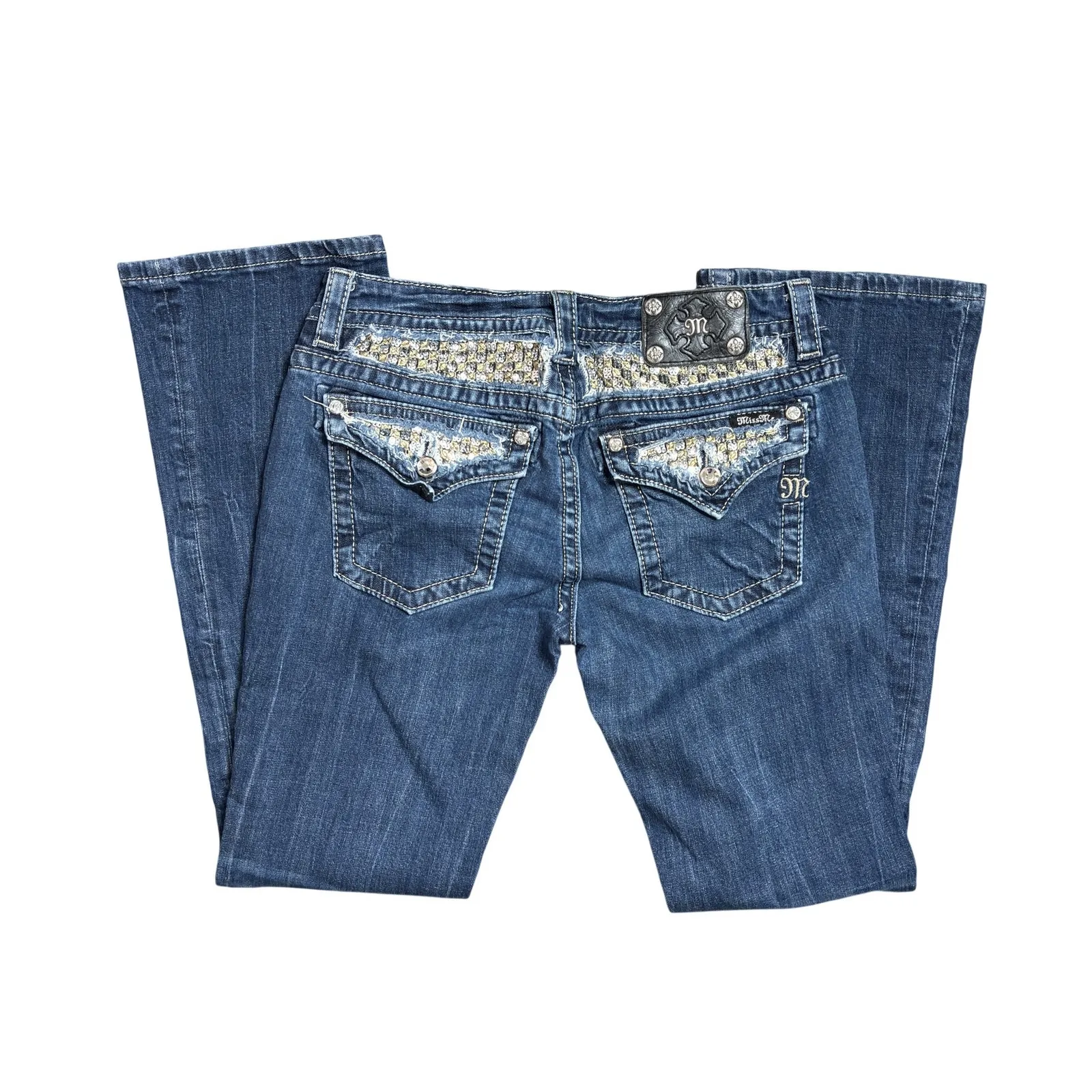 Miss Me Bootcut Jeans Sequin Waistband Crystal Flap Pockets 30 - Image 2