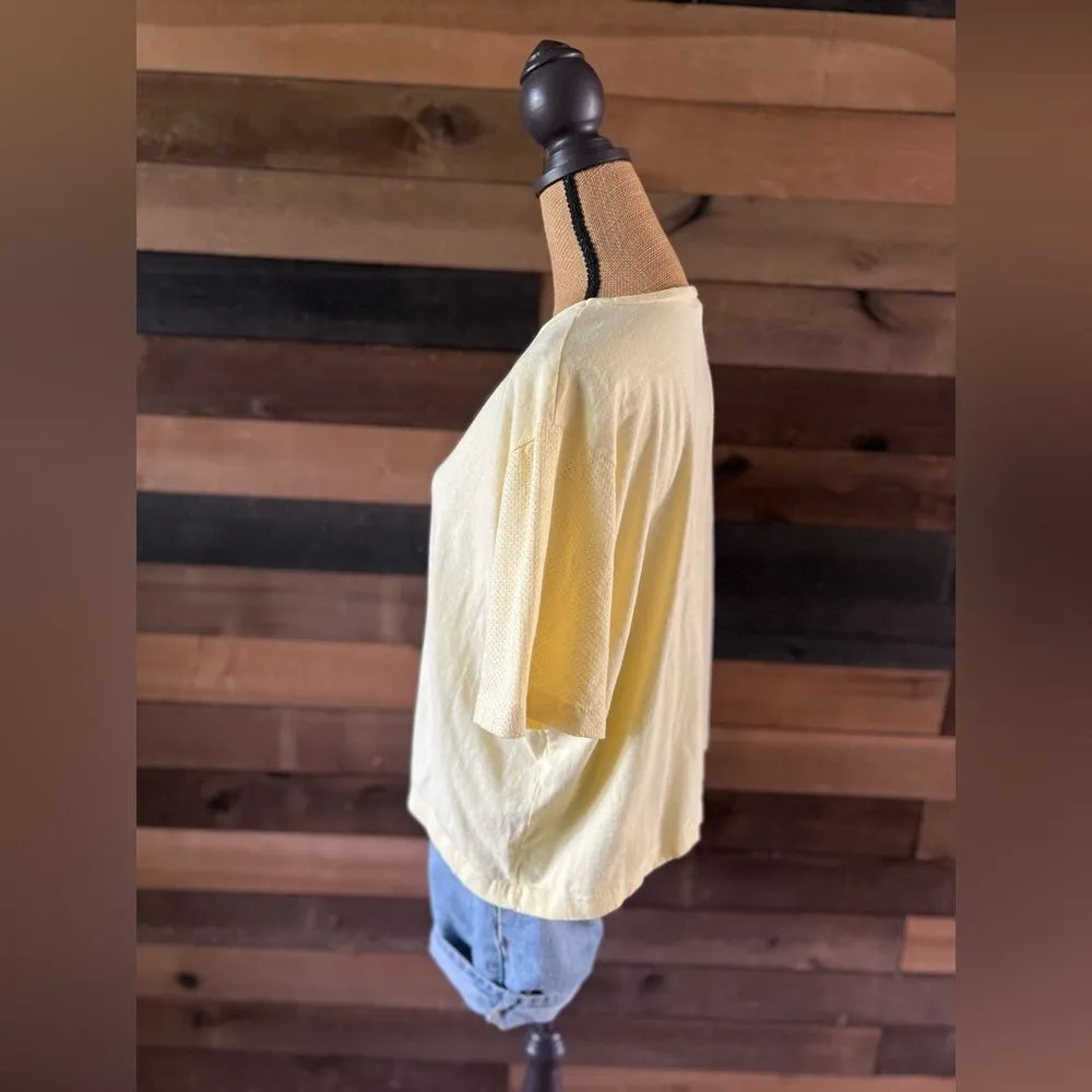 80s Vintage Butter Yellow The Body Co Button Front Mesh Sleeves Sporty T - Image 5