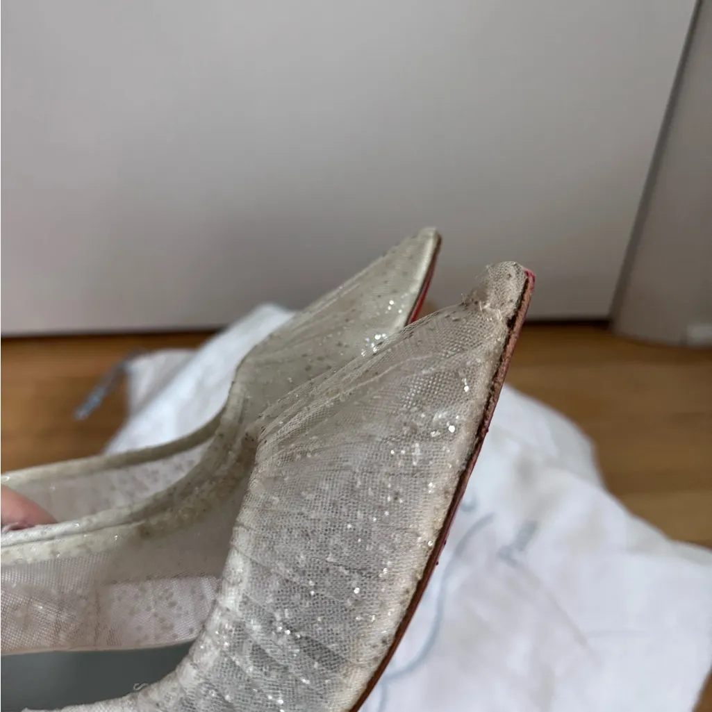 Christian Louboutin Kate Draperia 85 White Glitter Tulle Bridal Low Heel Pump 38 - Image 14