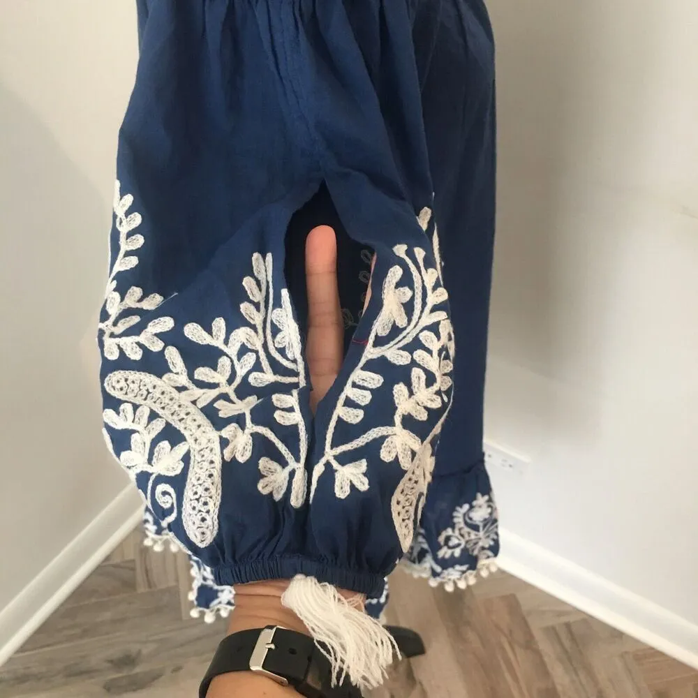 DEBBIE KATZ Boho Blue Off Shoulder Embroidered Pompoms Tassels Dress Cover Up S - Image 4