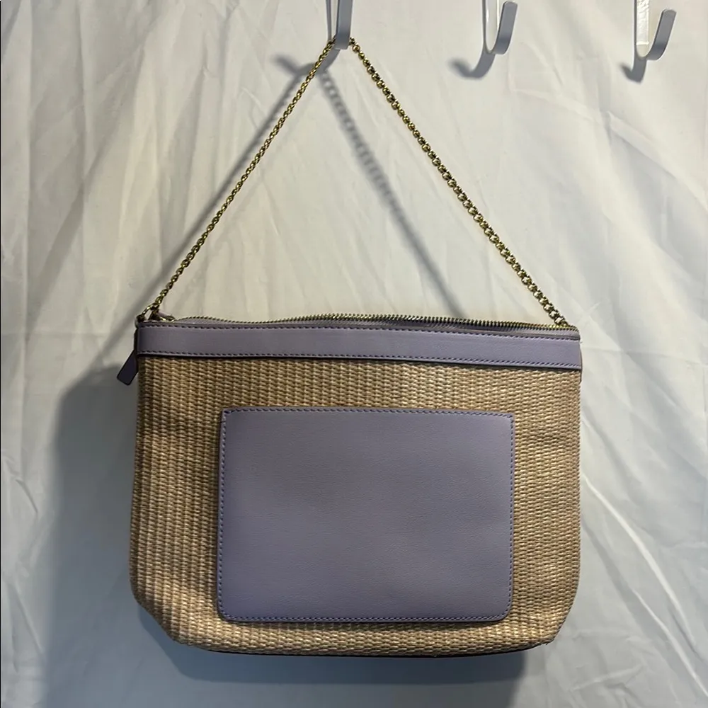 Nanette Lepore Straw/Tan and Purple Woven Shoulder Bag w gold chain GUC Tan - Image 2