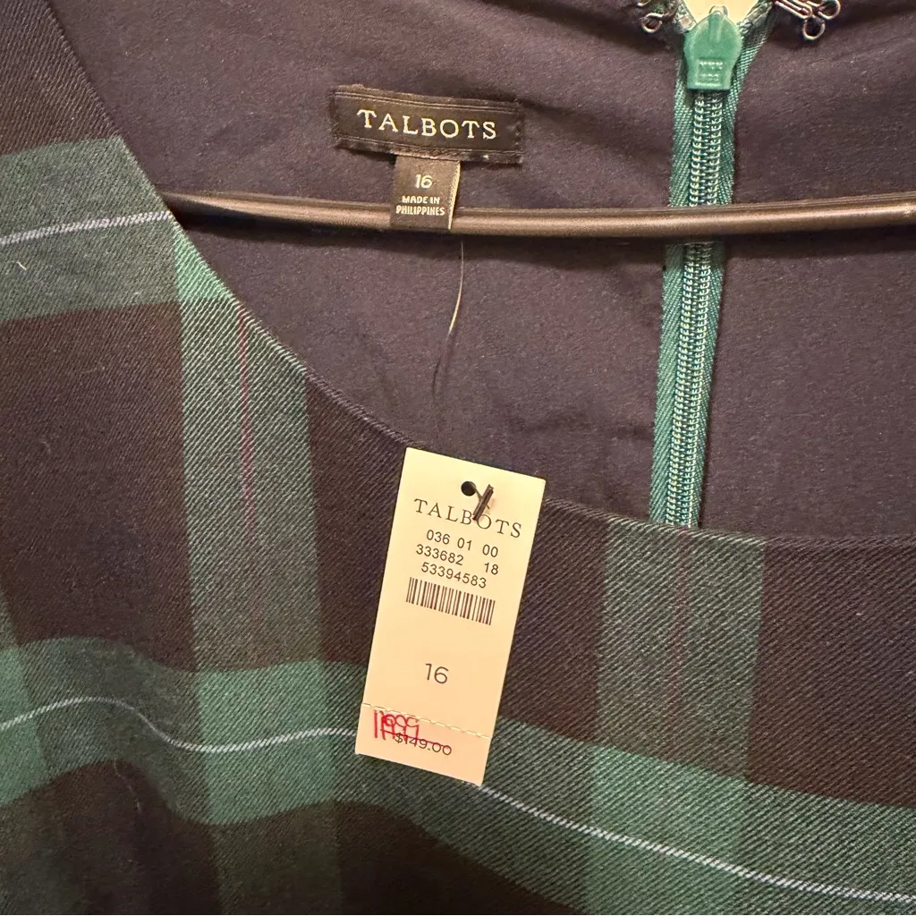 Talbots Wool Blend Black Watch Plaid Flounce Sleeve Shift Dress Size 16 - Image 4