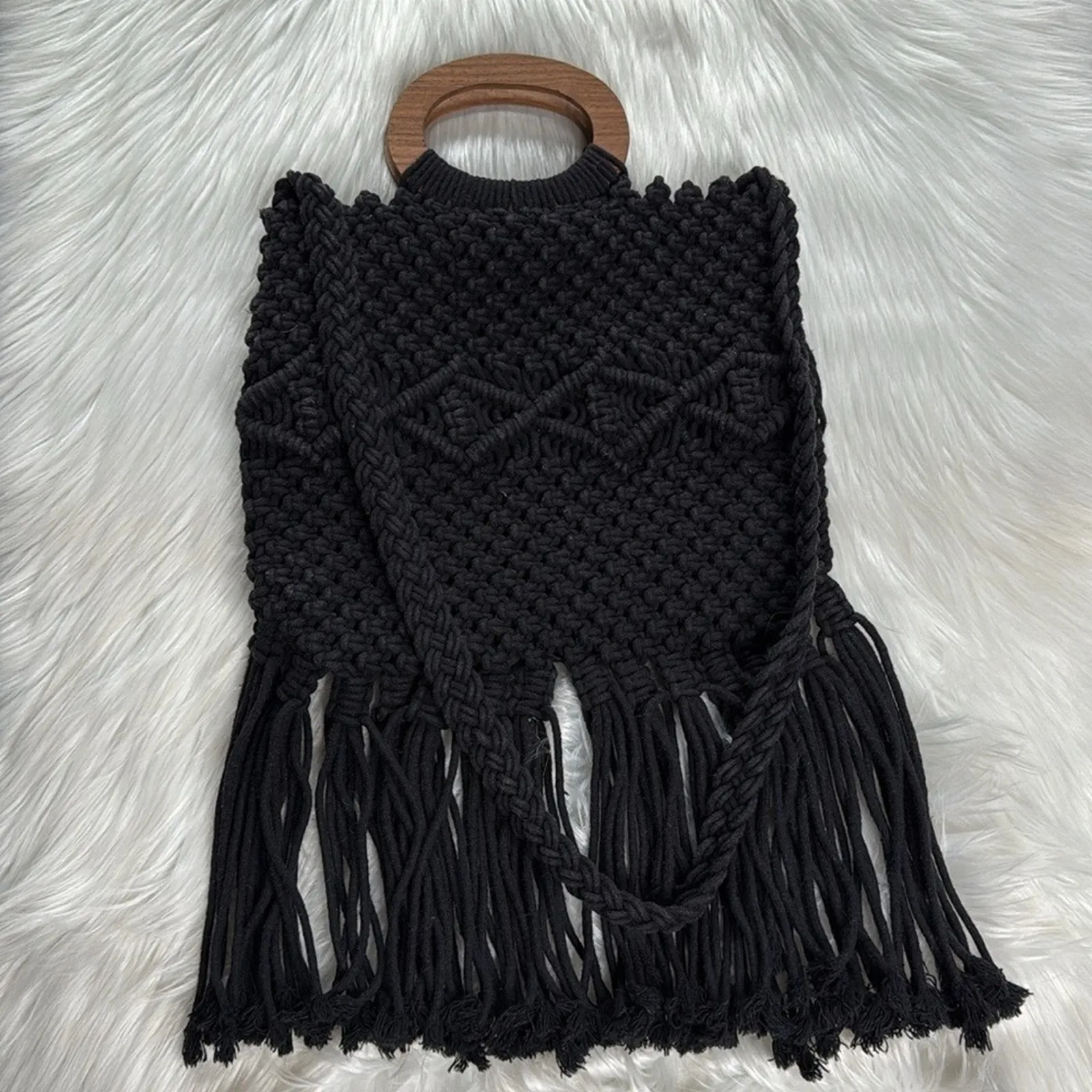 Danielle Nicole Black Macrame Fringe Bag - Image 9