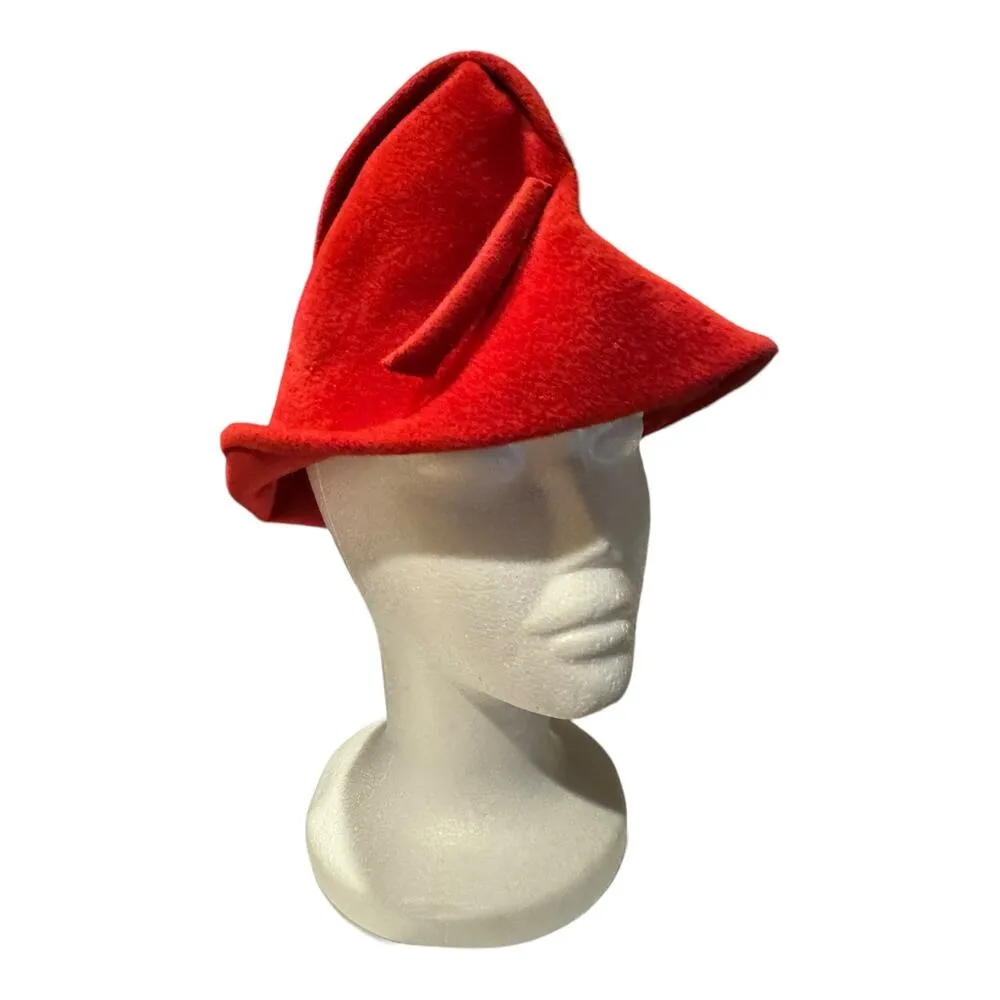 1960's American Vintage Emme Boutique Red Wool Hat, Feathers, fold over size S-M - Image 6