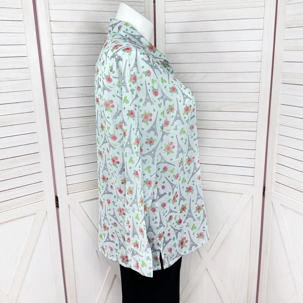 Potpourri Paris Eiffel Tower Rose Asher‎ Oversized Button Up Blouse Blue XL - Image 3