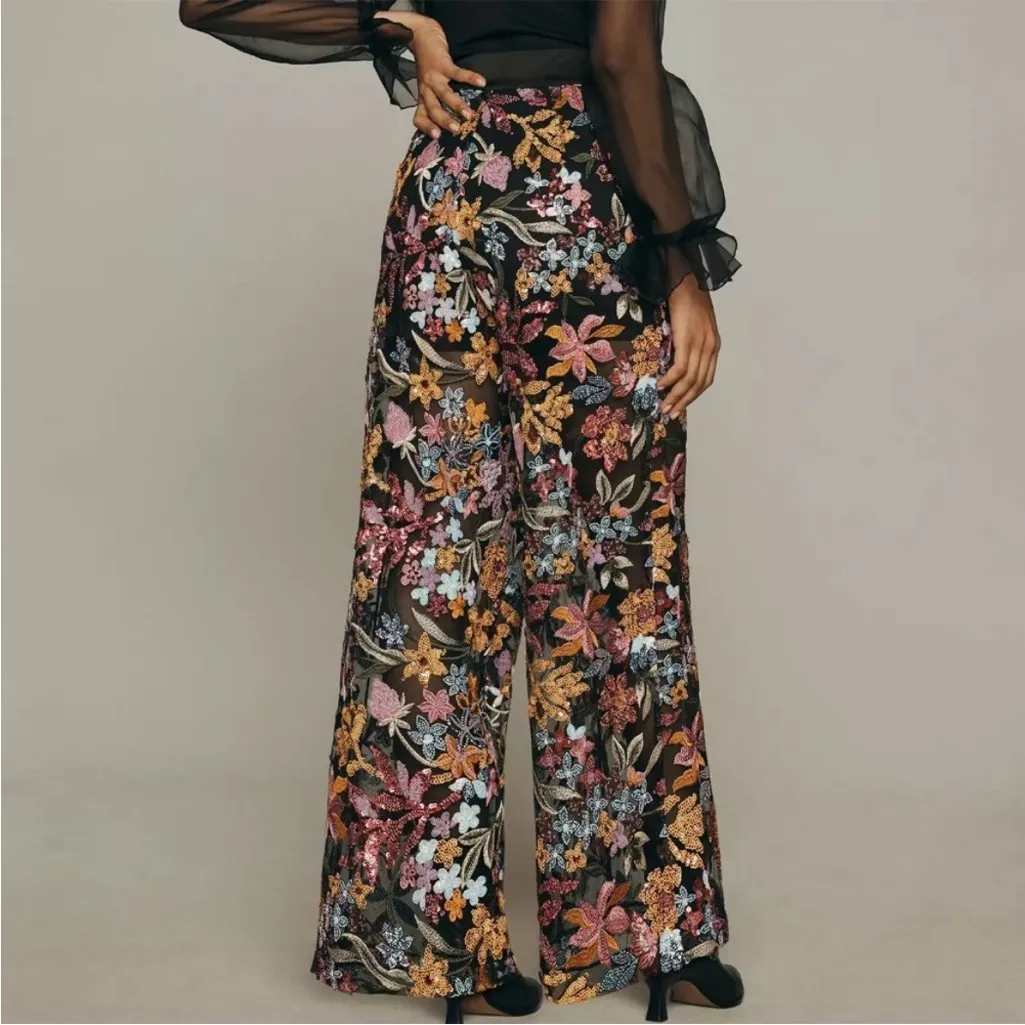 Anthropologie  Tiny Floral Sequin Lotus Pants Small - Image 2