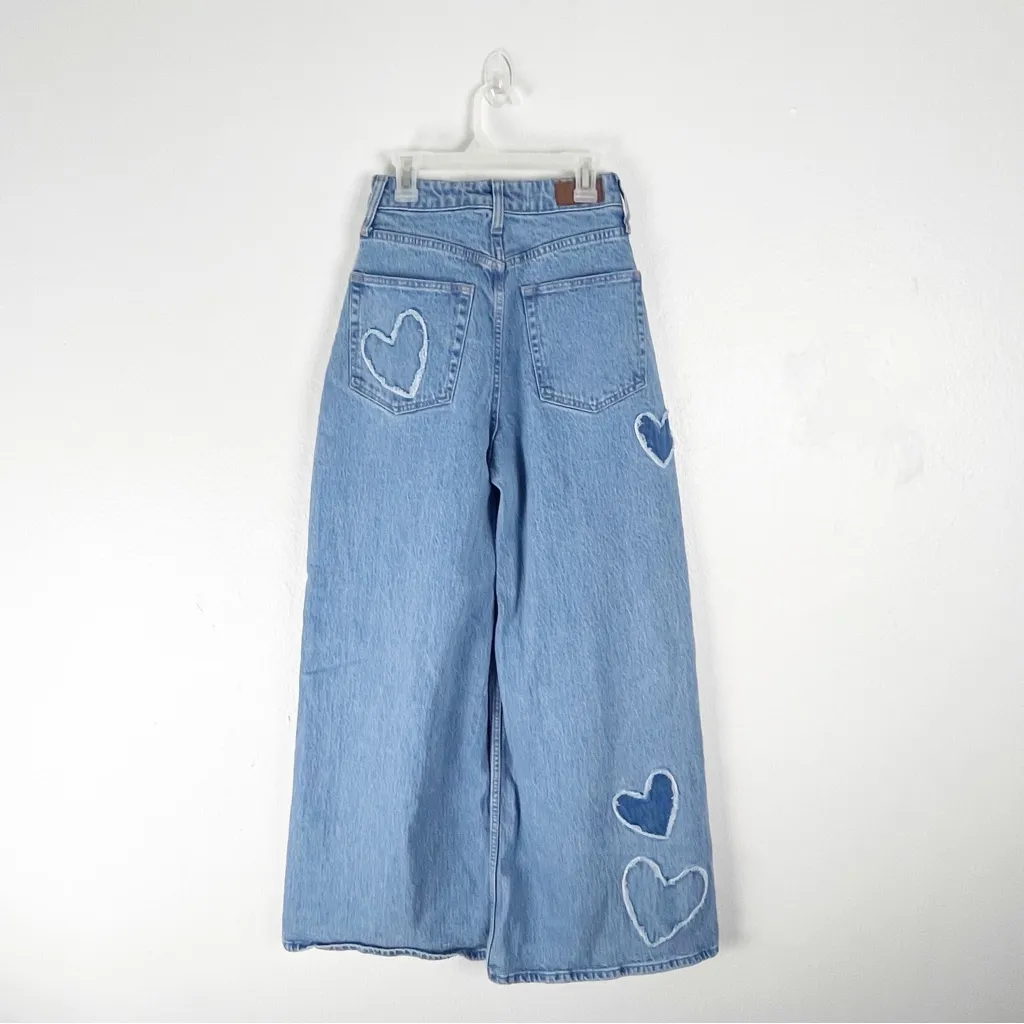 SOCIAL TOURIST Blue Ultra High Rise Baggy Hearts Patches Wide Leg Jeans Size 26 - Image 2