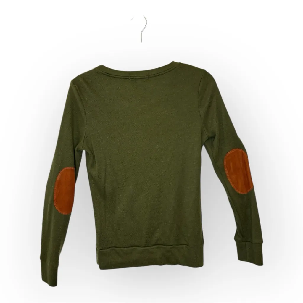 Glamorous Olive Green Knit Sweater Brown Elbow Patches Preppy Academia Small - Image 2